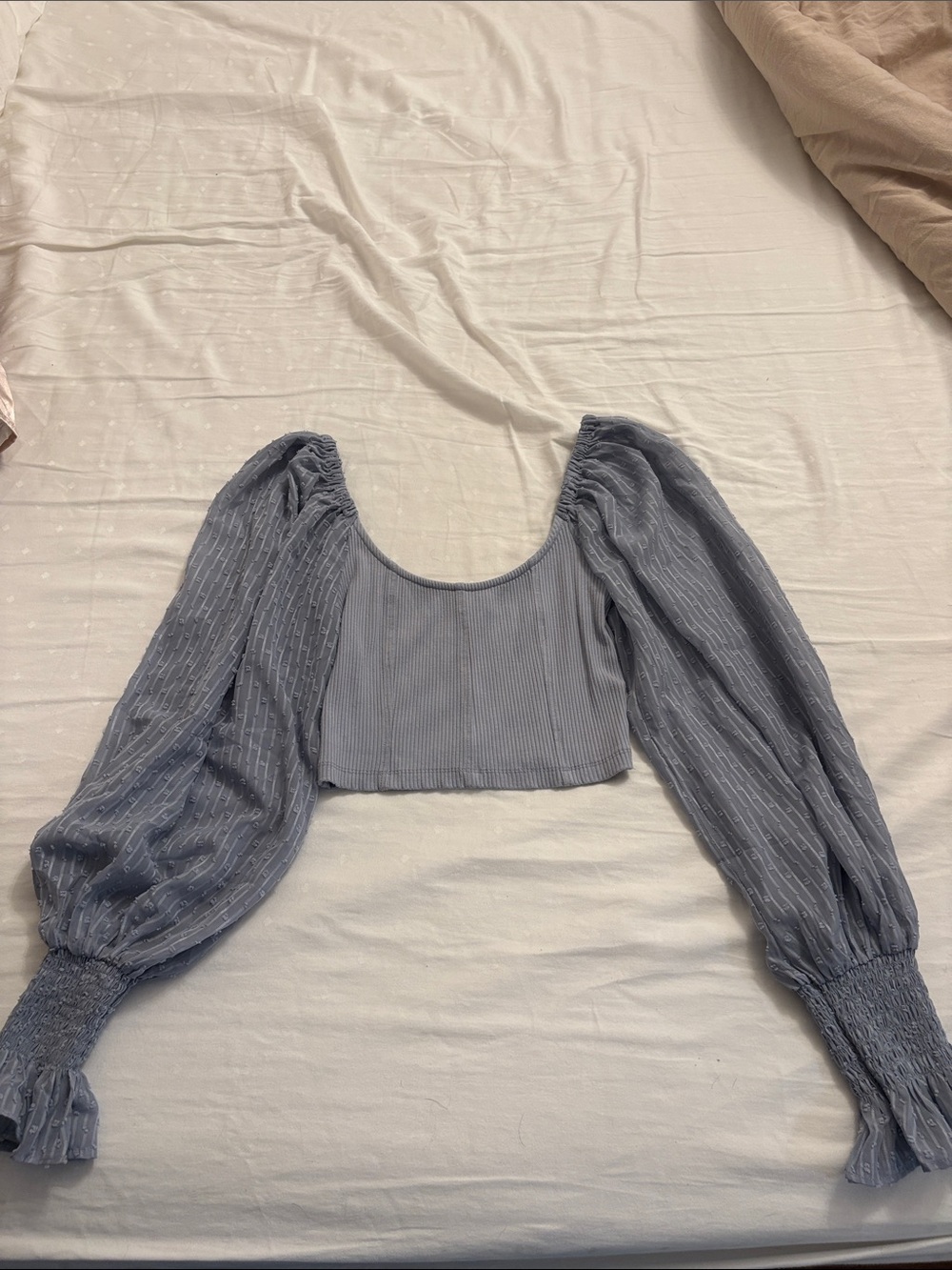 Urban Outfitters Dusty Blue Puff-Sleeve Smocked Crop Top